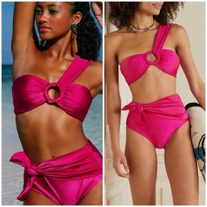 PatBO One Shoulder Bikini Top and Side Tie Bikini Bottoms in Pink Small